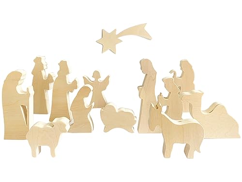 MoinKidz Wooden Christmas Nativity Set, Blank Wooden Miniature Nativity Figurines Set of 13 for Crafts & DIY, Holy Family Christmas Decoration