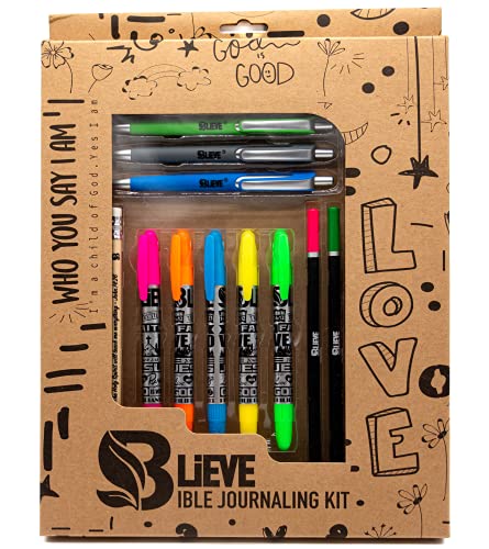 BLIEVE - Bible Journaling Kit With Gel Highlighters And Pens No Bleed, Scripture Markers and Pencils Supplies, Stencils Planner Set For Coloring Journal Art Illustrated By Faith Christian Gifts 24pcs